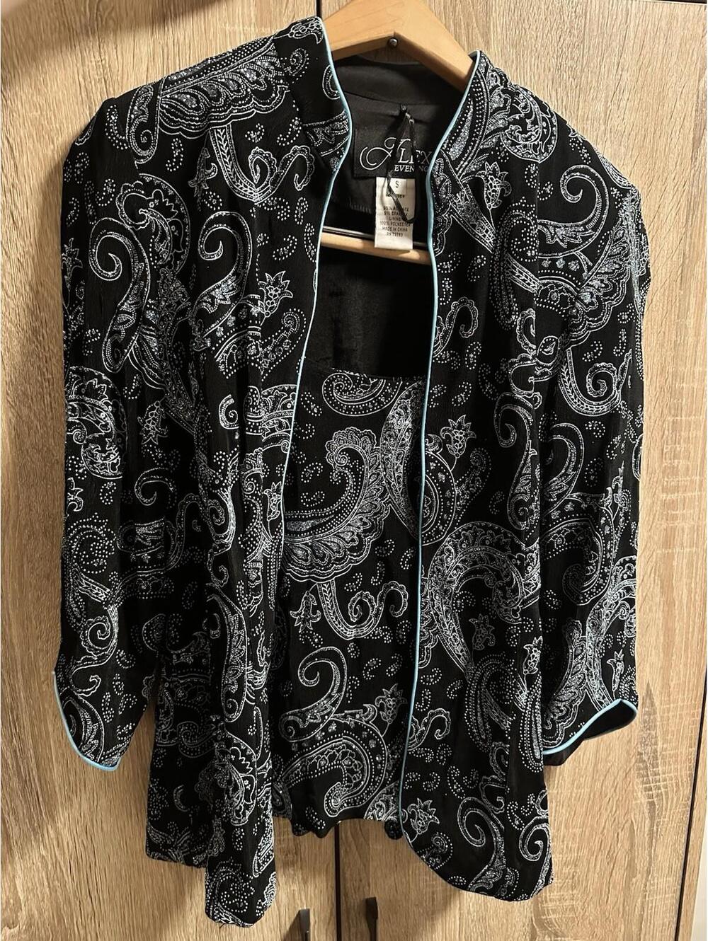 Vintage Alex Evenings Womens 2 Piece Set Black Tank Jacket, Blue/Silver Sparkles